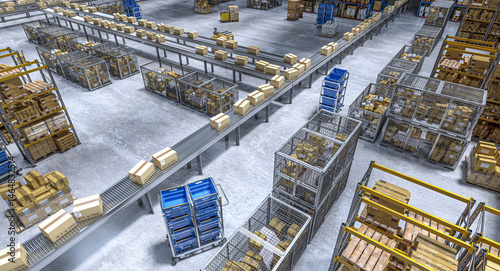 Cardboard boxes are moving on a conveyor belt  3d