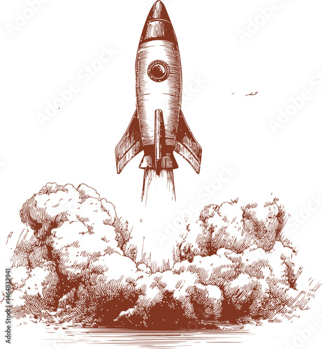 Vintage rocket launching with billowing smoke in detailed brown sketch style. Vector illustration
