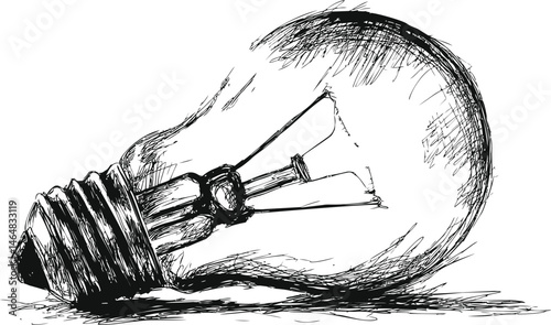 Sketch of a broken light bulb with intricate shading details. Vector illustration