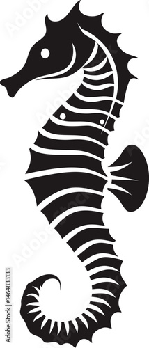 Stylized black and white seahorse illustration with intricate details. Vector illustration