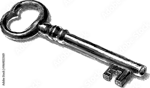 Antique skeleton key in black and white illustration style, vintage concept. Vector illustration