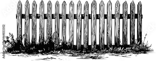 Rustic wooden picket fence with overgrown grass in black and white illustration. Vector illustration