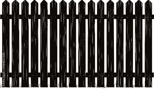 Black wooden picket fence with sharp tops , silhouette design. Vector illustration