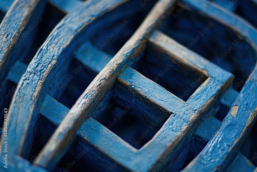Intricate wooden latticework, painted deep blue. Close-up view of the detailed structure, showing a network of intersecting beams Intricate wooden latticework, painted deep blue. Close-up view of the detailed structure, showing a network of intersecting beams