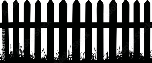 Silhouette of a wooden fence with tall grass in black and white. Vector illustration