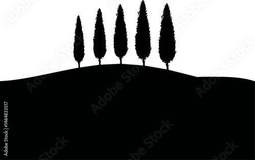 Silhouette of five cypress trees on a gentle hill in black and white, minimalist art. Vector illustration