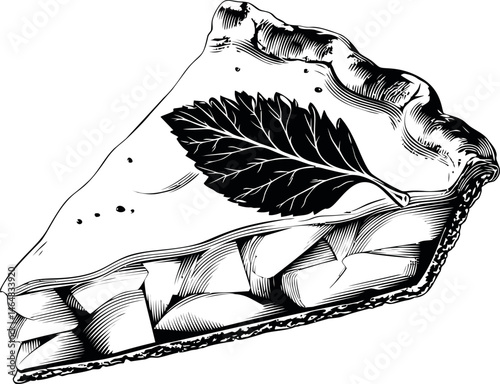 Black and white illustration of a pie slice with leaf decoration, vintage style. Vector illustration