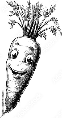 Happy cartoon carrot with expressive eyes, black and white sketch illustration. Vector illustration