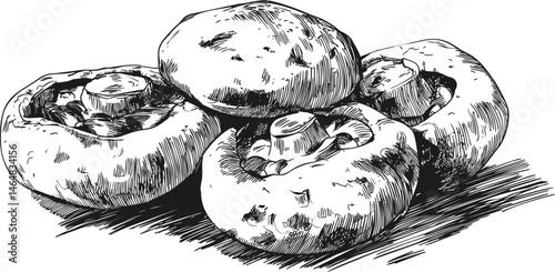 Four sketched mushrooms in black and white illustration, detailed hatching. Vector illustration