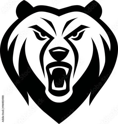 Fierce black and white bear head logo with roaring expression, vector design. Vector illustration