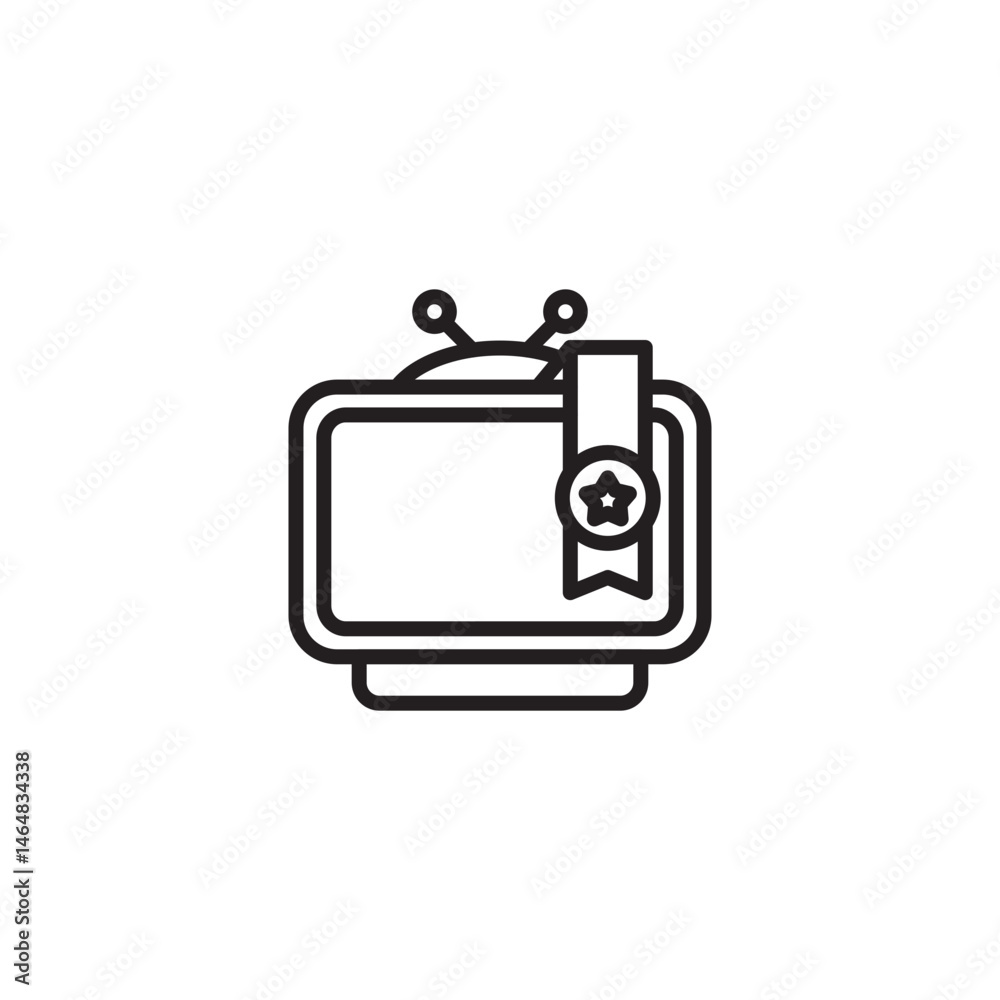 Naklejka premium A black and white icon of an old-fashioned television with antennas and a bookmark or tag hanging from the screen. The tag features a star symbol.