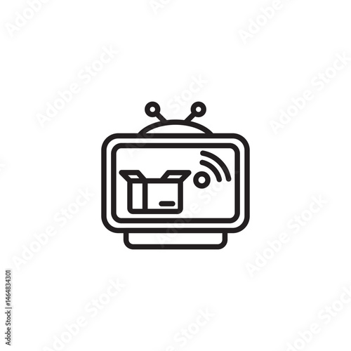 A black and white icon of an old-fashioned television with antennas, displaying an open box and a Wi-Fi symbol on its screen, suggesting online unboxing videos or streaming.