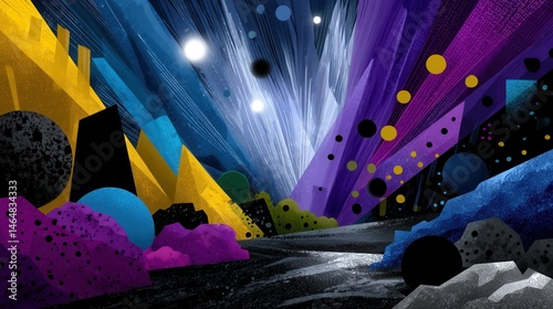 Wallpaper Mural Abstract cosmic landscape with vibrant colors, geometric shapes, and dynamic light streaks Torontodigital.ca