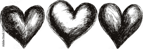 Black and white sketch of three hearts with textured shading, artistic design. Vector illustration
