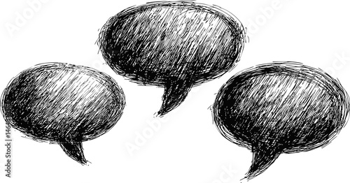 Three sketched speech bubbles with a textured, hand-drawn look in black and white. Vector illustration
