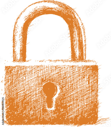 Orange sketched padlock illustration with textured detail. Vector illustration