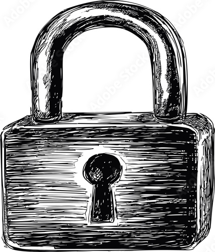 Black and white sketch of a vintage padlock with shading detail. Vector illustration