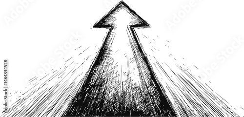 Dynamic sketch of an upward-pointing arrow in black and white, abstract concept. Vector illustration
