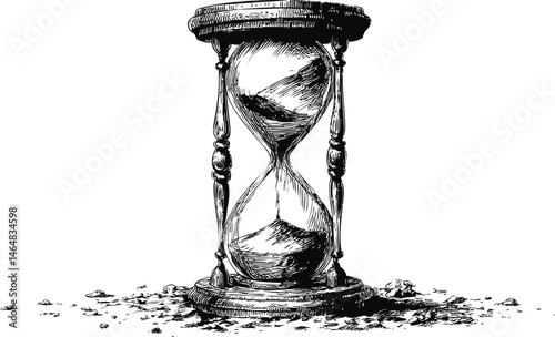 Vintage hourglass with sand flowing surrounded by scattered pebbles illustration. Vector illustration