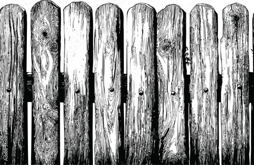 Illustration of a rustic wood fence with detailed grain pattern in black and white. Vector illustration