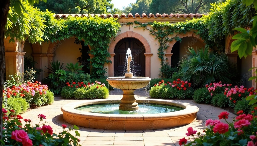 Fototapeta premium Andalusian patio garden, vibrant flowers, Sevilla fountain , fountain, spring