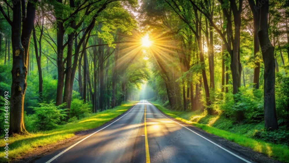 Obraz premium Sunlit Path Through a Verdant Forest Canopy with a Paved Road Leading into the Distance
