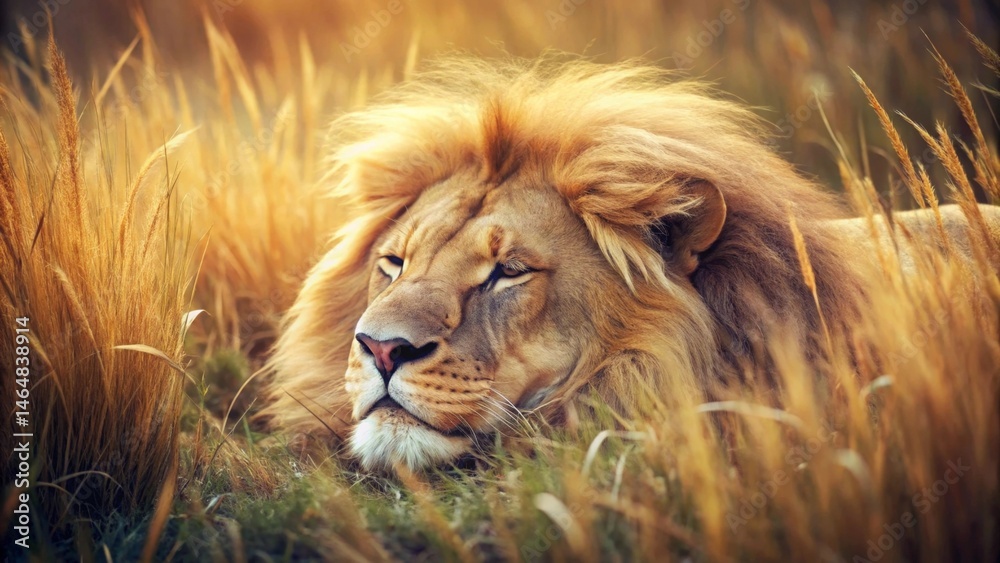 Naklejka premium Majestic Male Lion Resting Serenely Amidst Golden Grassland, Basking in the Warmth of the Setting Sun