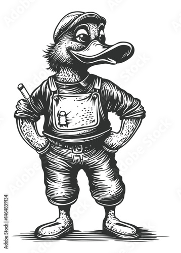 Engraved Cartoon Duck Character in Overalls and Cap Design