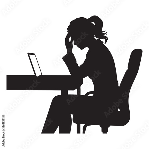 A stressed woman sitting at a desk with a laptop, hand on forehead, in a black style. Concept of work stress and exhaustion Vector Black silhouette. with white background