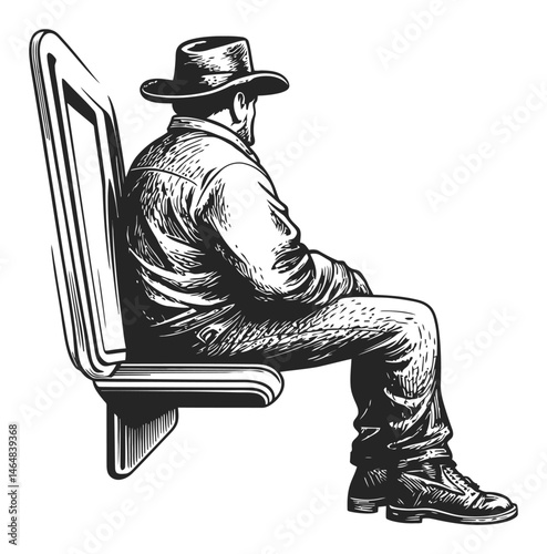 Detailed Engraving of a Man in a Hat Sitting on a Bench