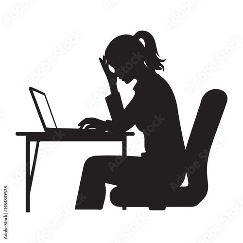 A stressed woman sitting at a desk with a laptop, hand on forehead, in a black style. Concept of work stress and exhaustion Vector Black silhouette. with white background