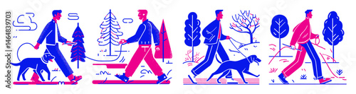 Modern Minimalist Flat Design of Man Walking Dog in Nature