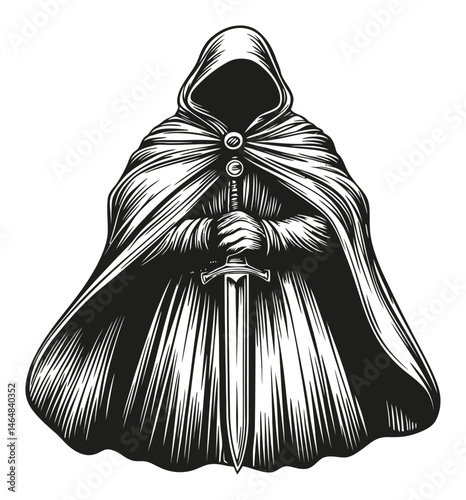 Mysterious Figure in Cloak with Sword Engraving Artwork