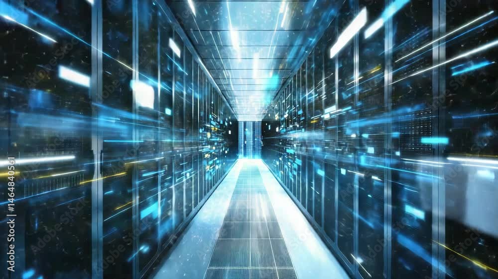 Futuristic data center corridor with glowing blue and yellow lights and digital server rack Futuristic data center corridor with glowing blue and yellow lights and digital server rack