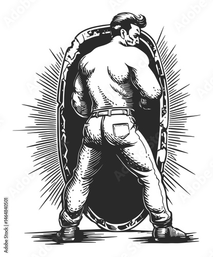 Strong Man Engaging with Abstract Shield in Vintage Engraving Style