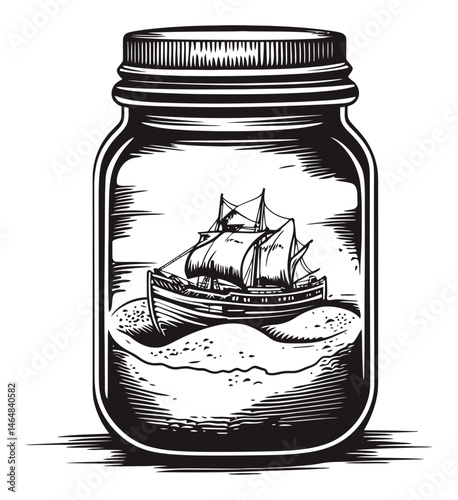 Vintage Engraving of a Ship in a Jar on a Sandy Base