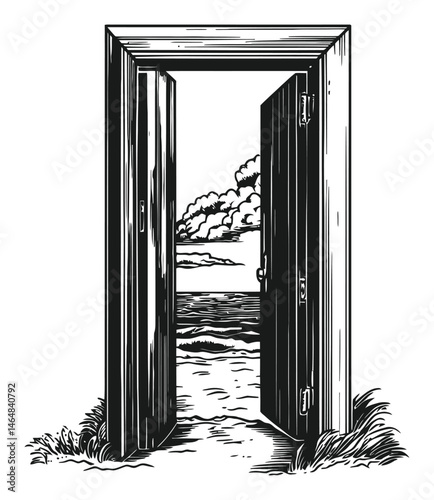 Engraving of Open Door Leading to Scenic Beach View Art