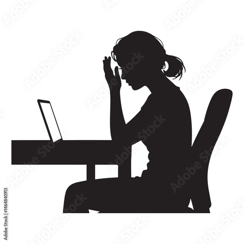 A stressed woman sitting at a desk with a laptop, hand on forehead, in a black style. Concept of work stress and exhaustion Vector Black silhouette. with white background