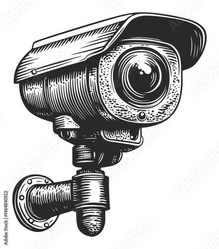 Engraved Drawing of a Vintage Security Camera in Fine Line Art Style