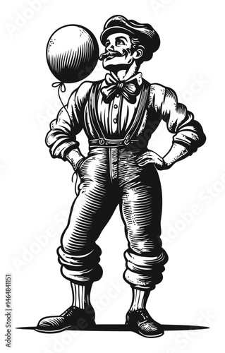 Vintage Engraving of a Man Holding a Balloon in a Playful Pose