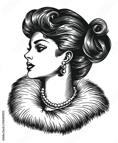 Elegant Lady Portrait in Classic Engraving Style Line Art