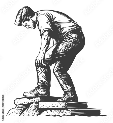 Detailed Engraved Illustration of a Man Standing on Blocks