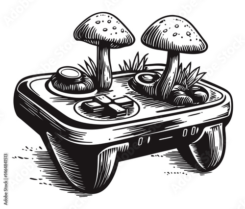 Engraved Art of Game Controller with Mushrooms and Grass Design