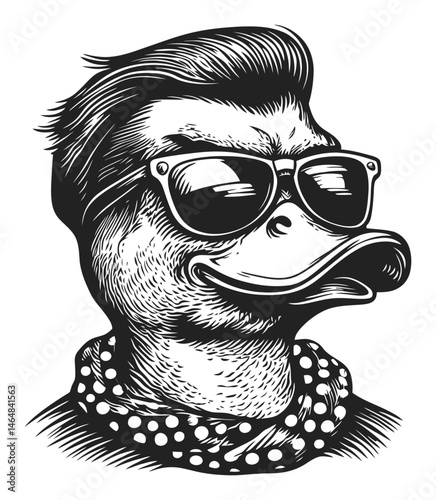 Artistic Engraving of a Stylish Duck with Sunglasses and Scarf
