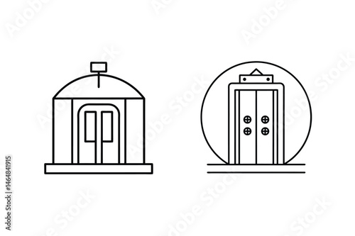 Minimalist line art illustrations of two elevators representing transportation and architecture
