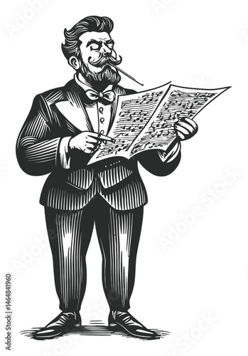 Engraving of a Dapper Man Holding Music Sheet in Formal Attire