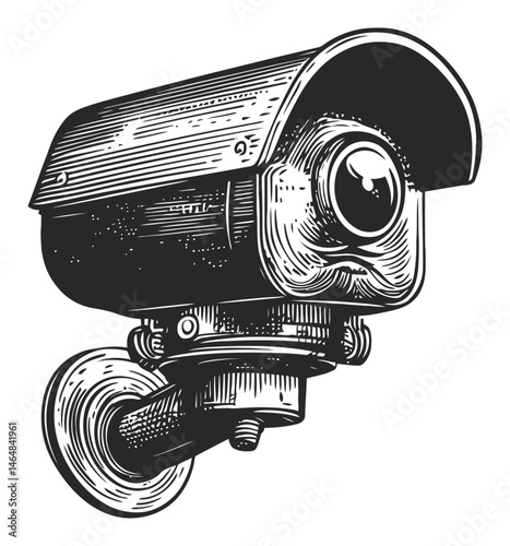 Vintage Engraved Security Camera Drawing in Detailed Line Art Style