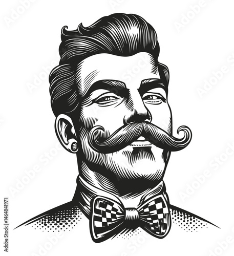 Vintage Engraving of Stylish Man with Mustache and Bow Tie Art