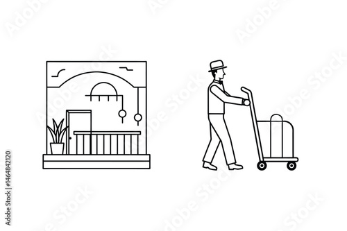 Hotel reception and bellhop illustration representing travel tourism and guest service