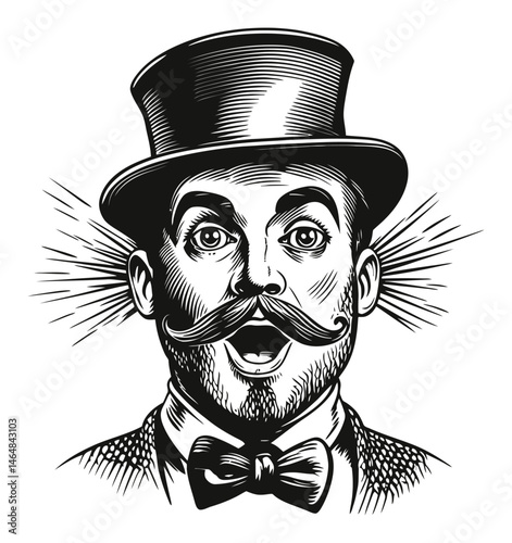 Vintage Engraving of Happy Man in Top Hat with Mustache